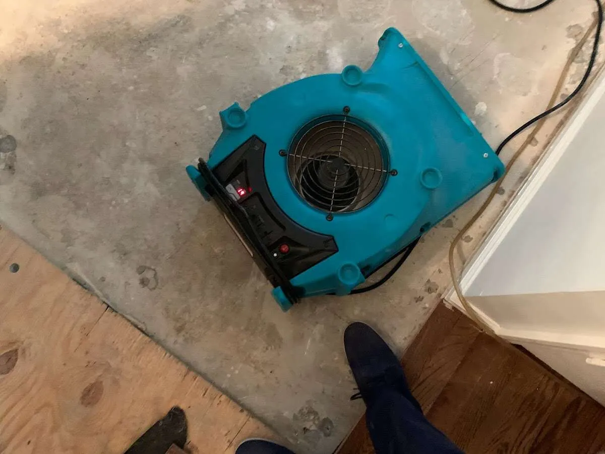 Air mover drying subfloor during Commercial Water Damage Restoration in Wheaton